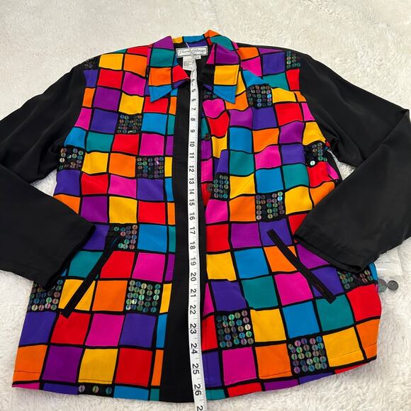 Diane Gilman 100% Silk Bomber Jacket 80s 90s Geometric Sequin Zip Sz S Colorful - Picture 4 of 7